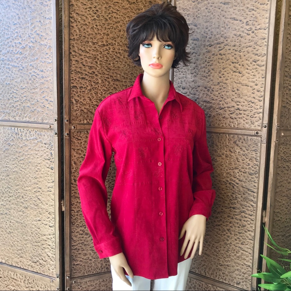 Red embroidered button shirt